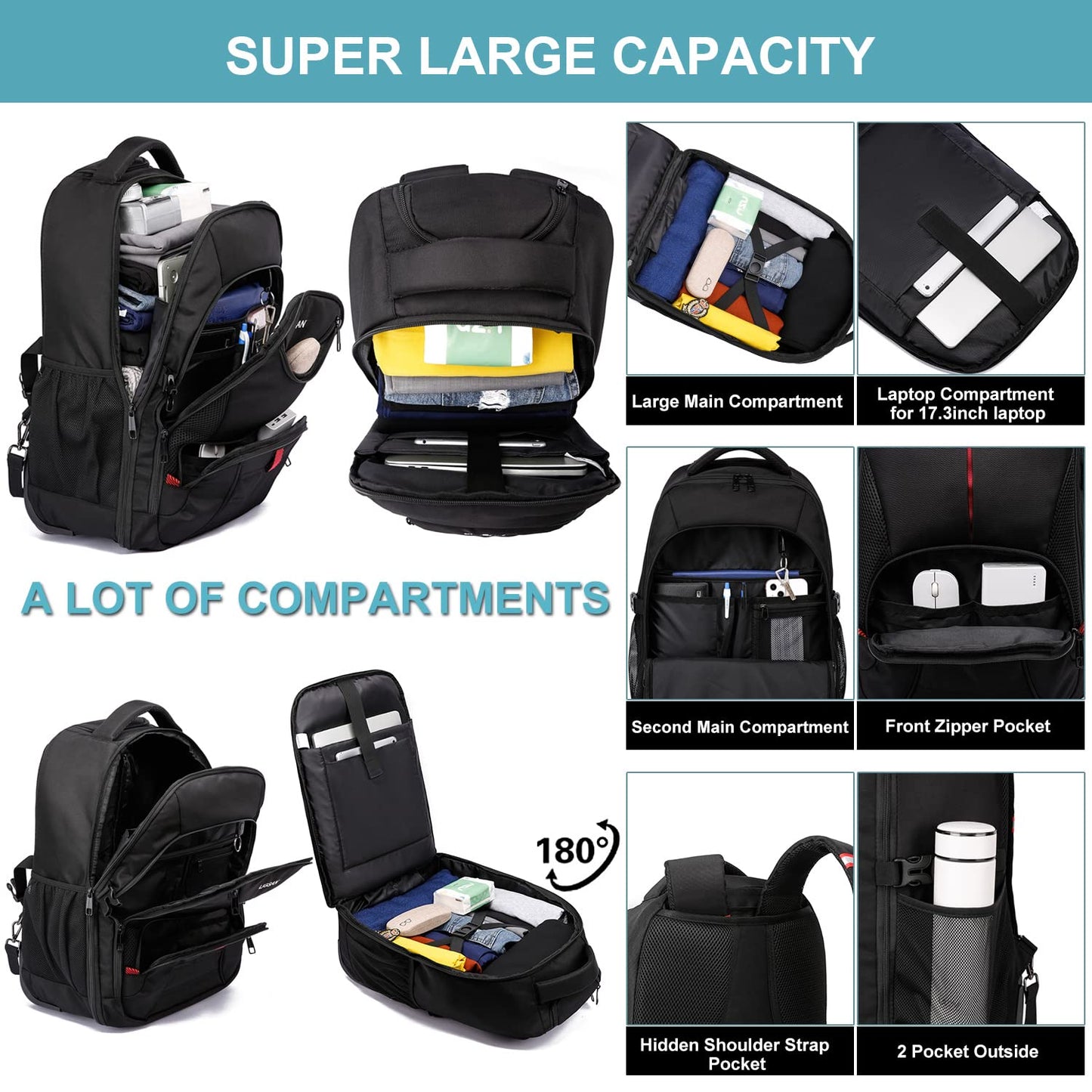 LIGSAN Travel Backpack with Wheels, 17inch Wheeled for Men Women Rolling Laptop Bags on Wheels Waterproof Rucksack Cabin Bag Trolley Suitcase Business College School Bag, Black