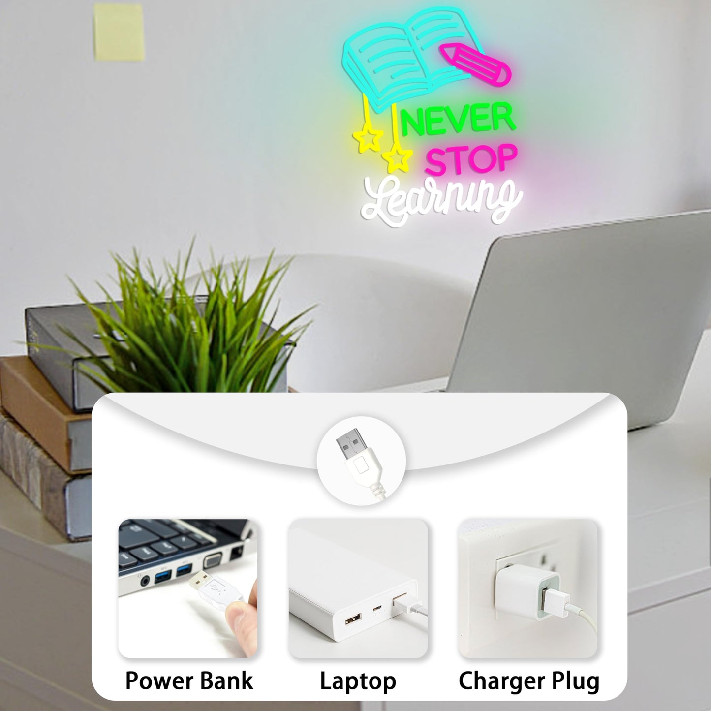 AEHEMNGZ Read Books Neon Sign Led Never Stop Learning Light Up Sign for Wall Decor Dimmable Positive Reading Book Neon Classroom Sign for Learning Room Bookstore Study Room Library