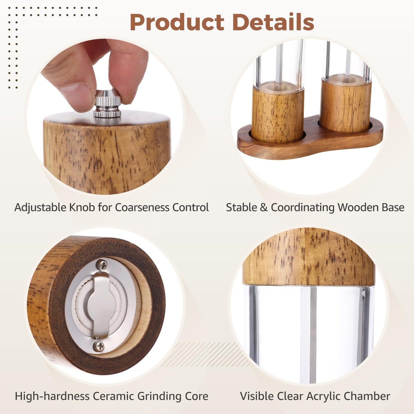 Acacia Wood Salt and Pepper Grinder Set, 2 Pcs 8.5" Wooden Salt and Pepper Shakers, Including Wooden Base, Refillable Spice Wooden Mills, Ideal for Kitchen, Dining Table