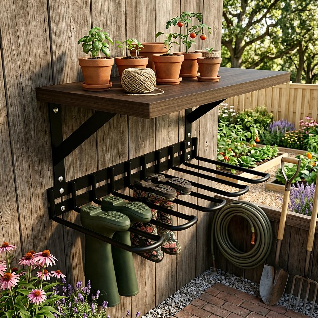 Decoroca Wall Mount Boot Rack, Garden Tool Organizer With 5 Curved Hooks & Wood Shelf, Heavy Duty Wader Boot Hangers Organizer Rack Trays for Outdoor/Indoor, Garden, Garage (4 Pack)