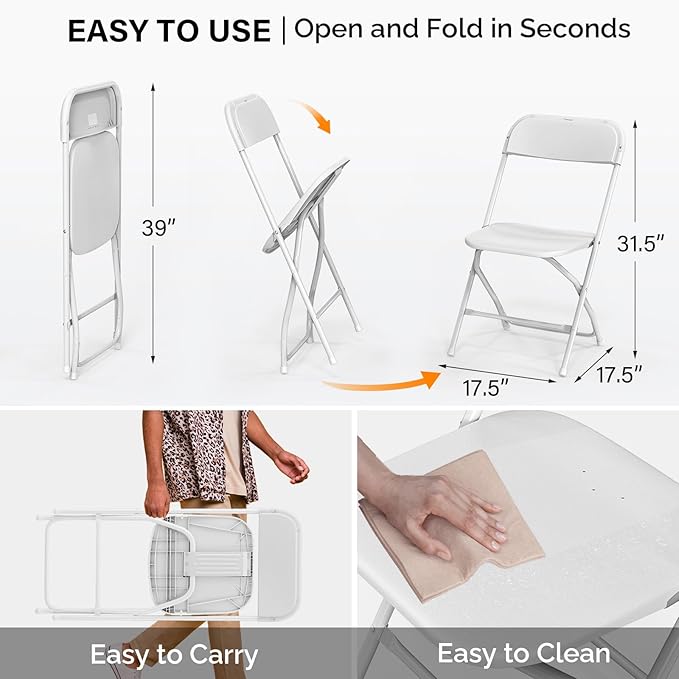 VINGLI 10 Pack White Plastic Folding Chair, Indoor Outdoor Portable Stackable Commercial Seat with Steel Frame 350lb. Capacity for Events Office Wedding Party Picnic Kitchen Dining