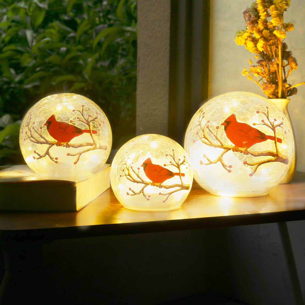 Crackle Glass Ball Cardinal Lamp With Timer - Light Up Red Bird Stained Glass Christmas Decor Accent - Orb Night Light LED Sphere Desk Globe Table Lamp