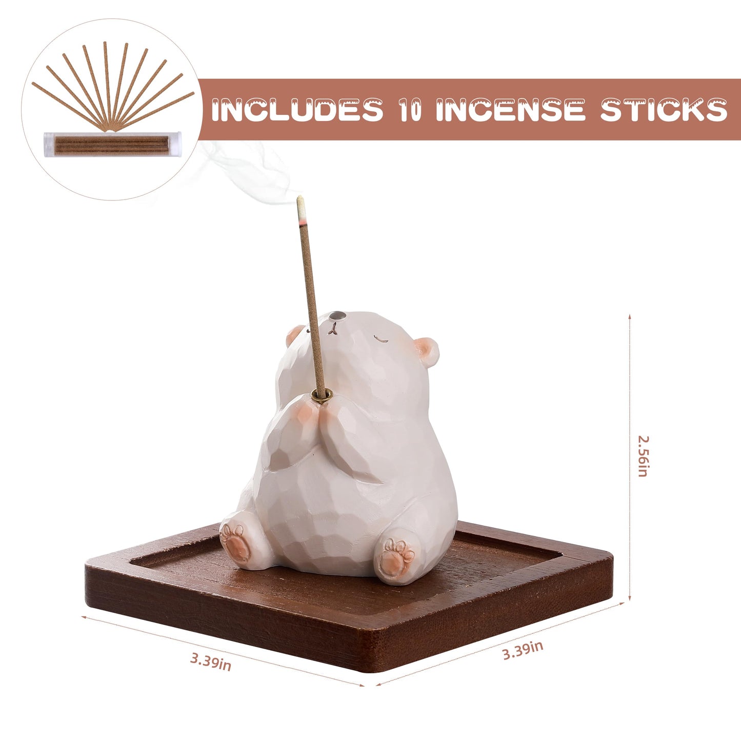 Lionpower Incense Holder for Sticks with Burner & Ash Catcher - Resin Bear, Wooden Tray, 10 Incense Sticks for Meditation Yoga Spa, Cute Home Decor Room Accessories (Bear)