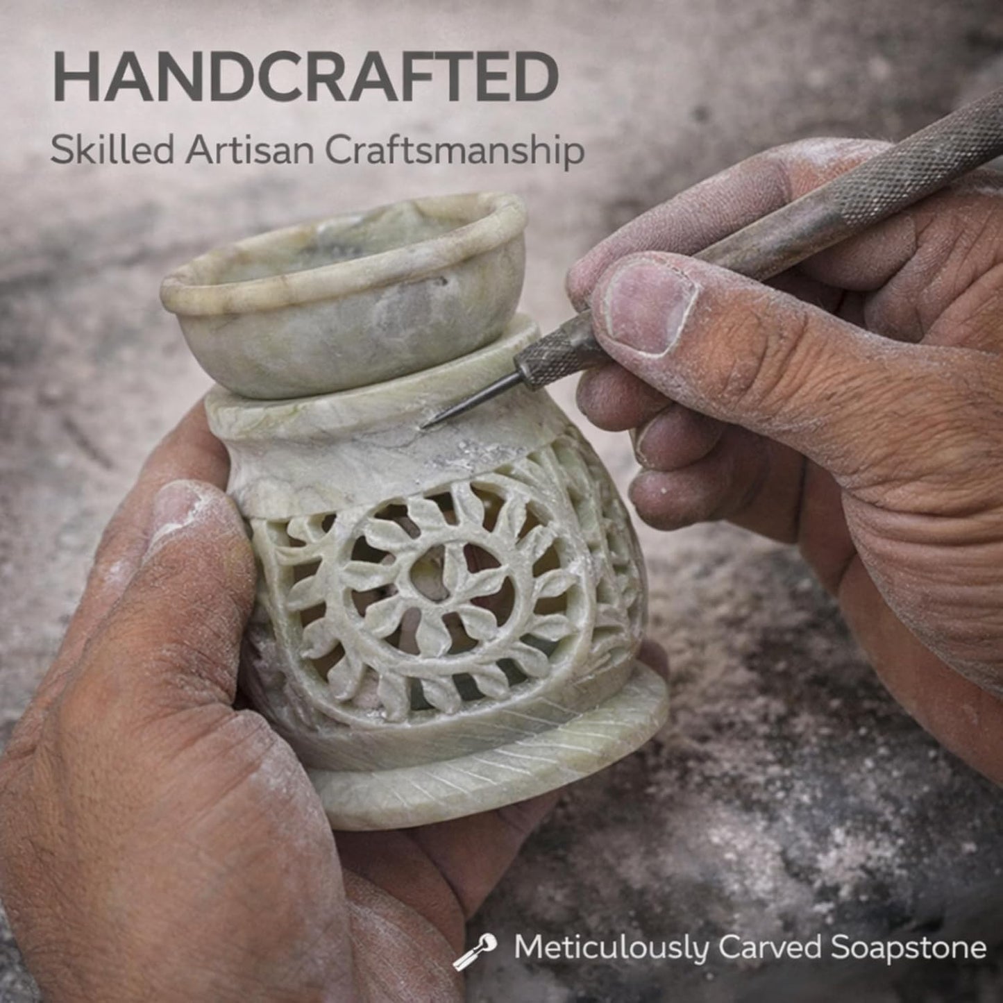KC Kullicraft Marble Soapstone Candle Aroma Burner | Oil Diffuser | Tea Light Holder | Wax Burner- Handmade Flower Carving for Gifting & Decoration | Decorative Home and Office Decor.