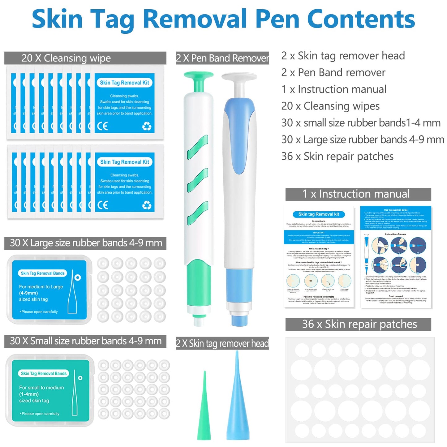Skin Tag Removal - Auto Skin Tag Remover Pen Kit with 60 Micro and Regular Skin Tag Bands, Fast and Easy Remover Wart and Mole(1mm-9mm), for Face and Body, with 36 Skin Tag Removal Repair Patches