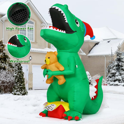 GOOSH 6.5 FT Christmas Inflatables Dinosaur Outdoor Decorations Blow Up Yard T Rex with Xmas Hat Holding a Bear with Built-in LEDs for Garden Lawn Indoor Party Décor
