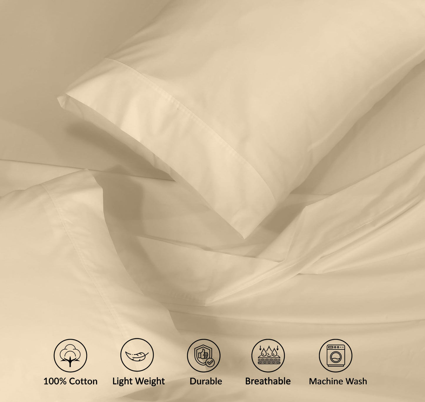 RUVANTI 100% Cotton Percale Sheets, Full Size, Beige