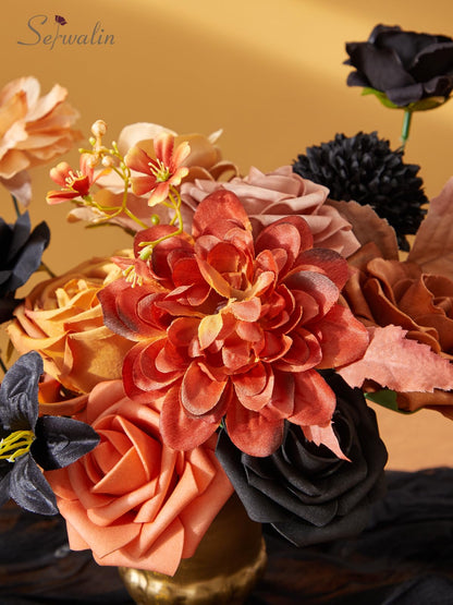 Serwalin Fall Flowers Combo - Black & Orange Artificial Wedding & Halloween Flowers for DIY Bridal Bouquets, Centerpieces & Home Decoration