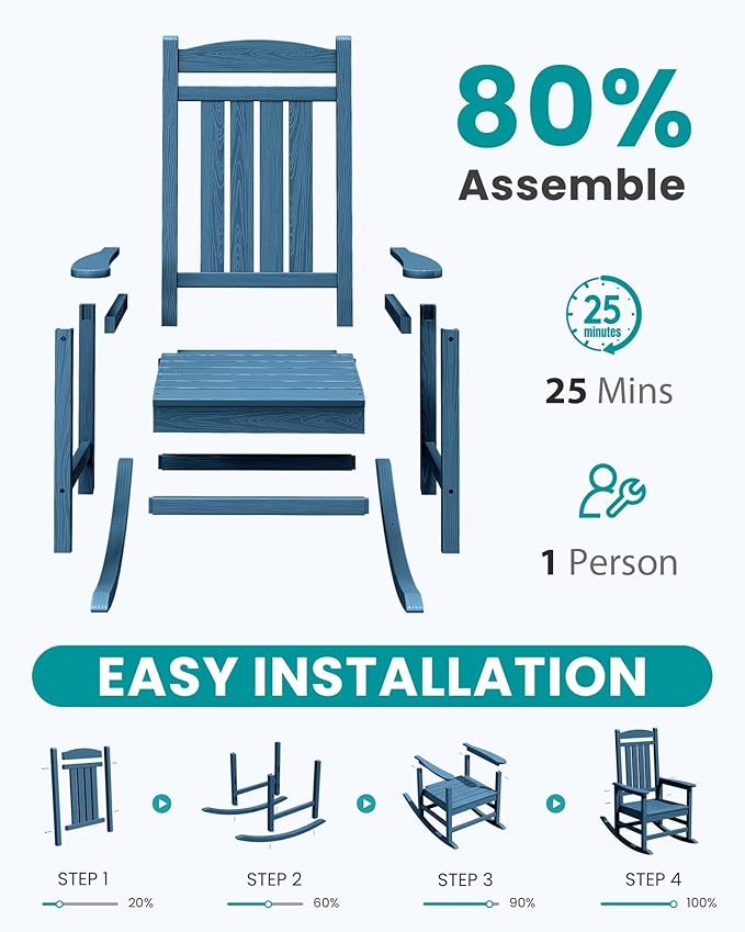 SERWALL Oversized Outdoor Rocking Chair, All-Weather Patio Rocking Chair, HDPE Porch Rocker for Adults, Blue