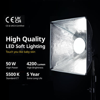 RALENO Softbox Photography Lighting Kit, 16'' x 16'' Softbox Lighting for TikTok with LED Bulb (50W | 5500K | 97 CRI | TLCI≥97), Continuous Lighting for Video Recording & Photography Shooting