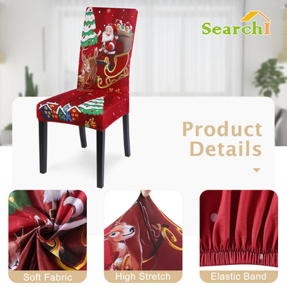 SearchI Christmas Chair Covers Set of 4, Stretch Xmas Kitchen Chair Cover Removable Washable Holiday Parsons Chair Slipcovers for Dining Room, Christmas Decoration, Ceremony(Santa Claus+Elk)
