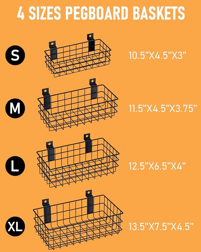 INCLY 4 Pack Black Slatwall Baskets Set, Ventilated Metal Hanging Storage Slat