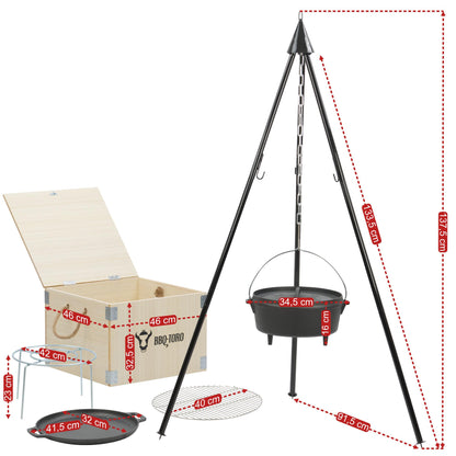 BBQ-Toro 6-piece dutch oven set in wooden box, cast iron, pre-seasoned, with cooking pot, saucepan, grill rack, tripod and more