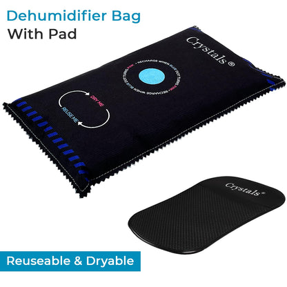 Crystals Pack of 2 x 1KG Reusable Car Dehumidifier, Van Car Caravan Home Moisture Absorber Bag with Anti Slip Pads, Moisture Condensation Absorber Damp Trap Keeps Windscreen Clear - Black