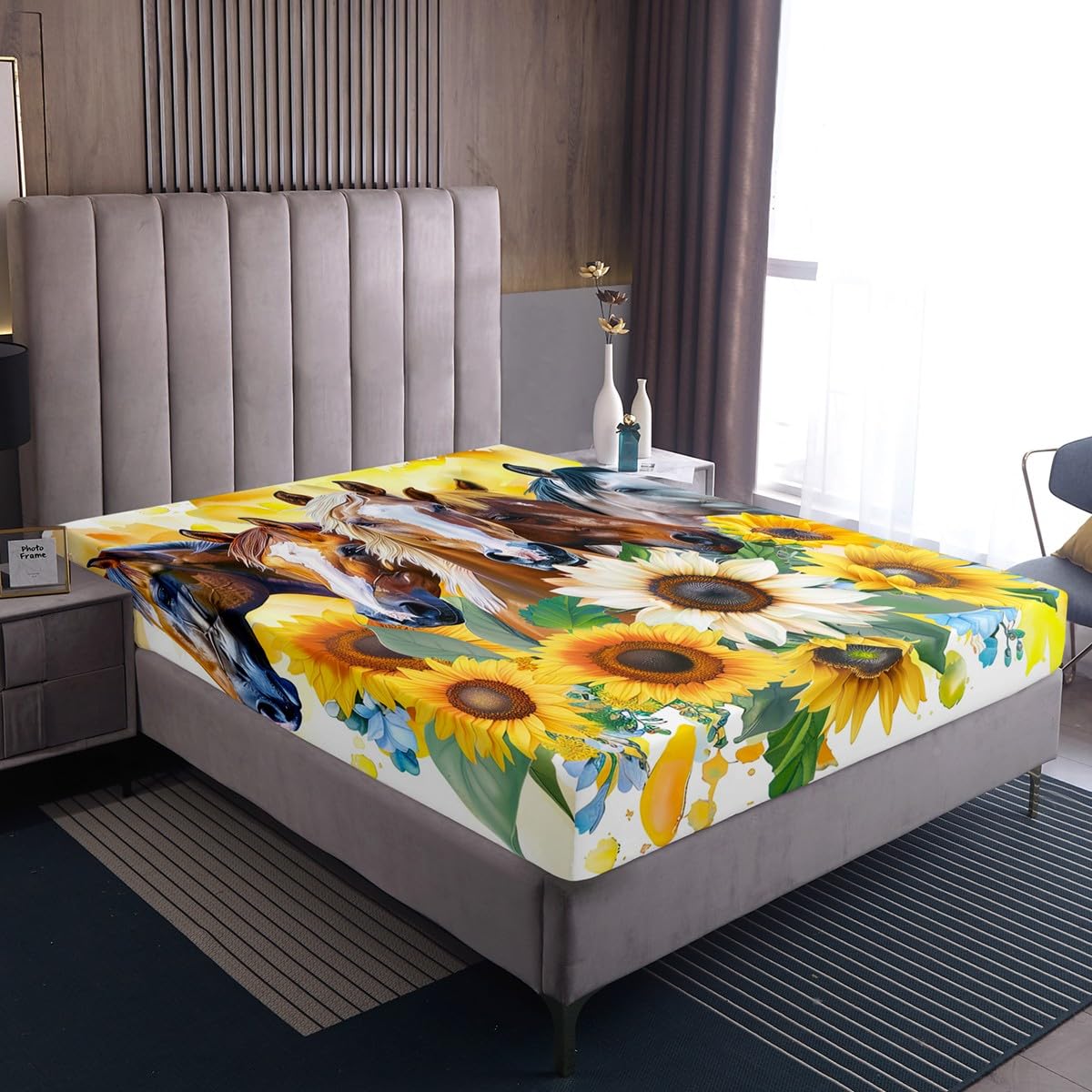 Kids Horse Bedding Set, Blooming Sunflower Fitted Sheet Full Size, Western Cowboy Bed Sheet for Boys Teens Adult, Floral Branches Rustic Bed Cover Bedroom Decor, Yellow Brown White(No Top Sheet)