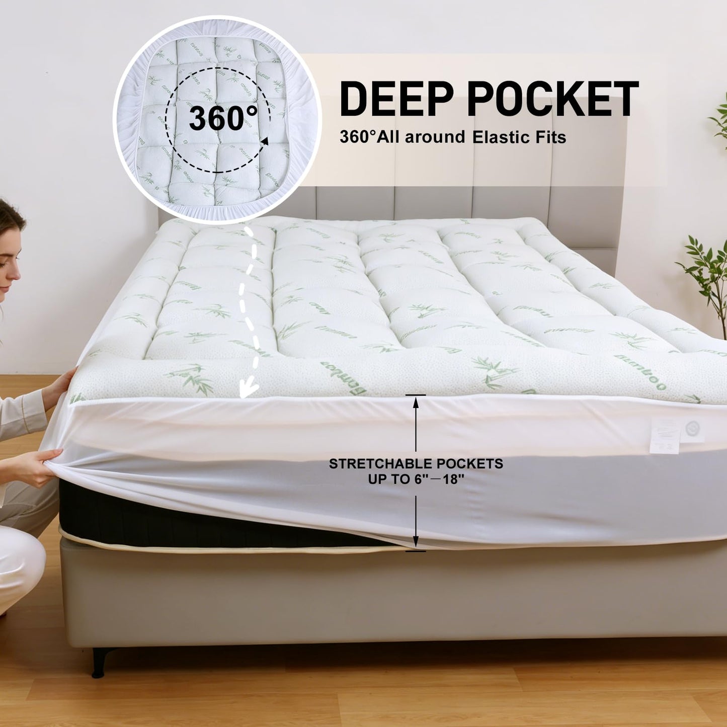Exruby Luxury Queen Mattress Topper - 40% Viscose Derived from Bamboo - Extra Thick Pillow Top Mattress Pad with 8-20 Inch Deep Pocket, Breathable Jacquard Surface for Back Pain Relief(White)