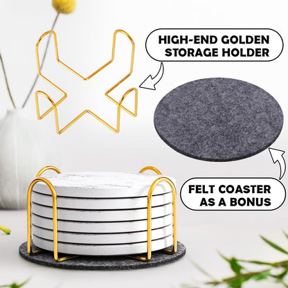 GOH DODD Coasters for Drinks Set of 6, Absorbent Marble Style Ceramic Coaster Tabletop Protection Home Decor with Metal Holder for Coffee Table, Housewarming Gifts Wedding Party, White, Round, 4 Inch