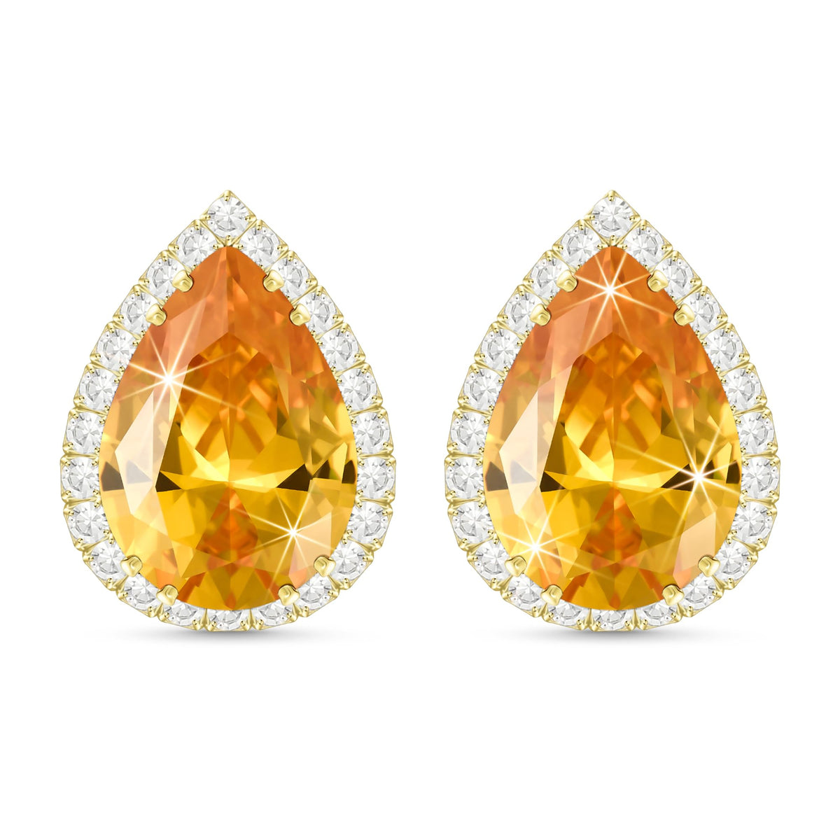 Linawe Yellow Citrine Stud Earrings, Gold Hypoallergenic Statement Imitation Diamond Wedding Earrings Studs, Orange Cubic Zirconia Teardrop Rhinestone Crystal Piercing Earrings Set