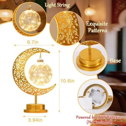 Moon Lamp with Hanging Globe, Decorative Crescent Moon Table Lamp Battery Powered, Retro Metal Islamic Decor LED Night Light for Bedroom Living Room, Gift for Women Birthday Christmas Boho Home Decor