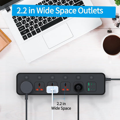 Flat Plug Power Strip with Individual Swtich, Jumpso 6ft Universal Extension Cord with 5 Outlets and 2 USB 4 USB C Ports, Max 3000w, 110-240v, Multiple Outlets Plug Adapter for Office Travel