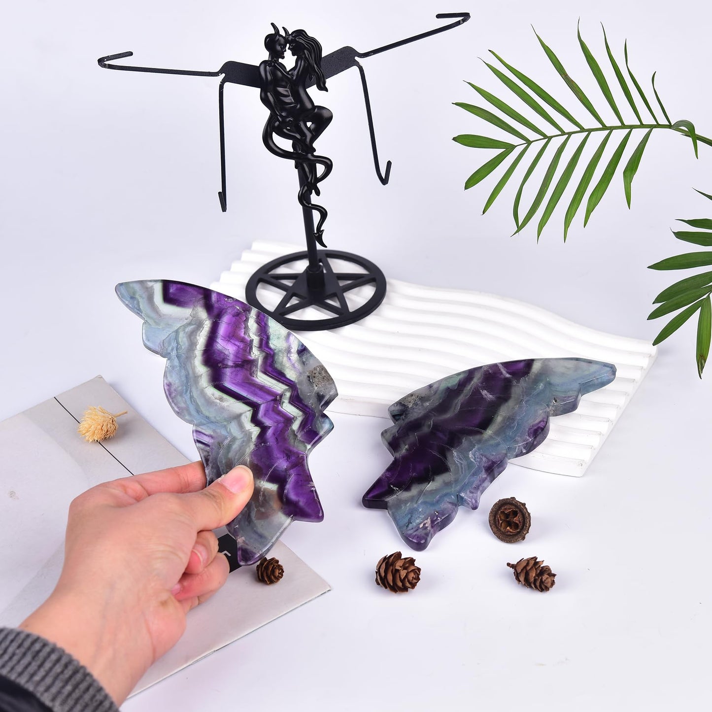 JIC Gem Large Amazing Gemstone Feather Fluorite Crystal Butterfly Art Decorative Healing Crystal Slices Carved Angel Wings with Stand Office Home Decor Reiki Crystal Gifts (1pair, 17-18cm)