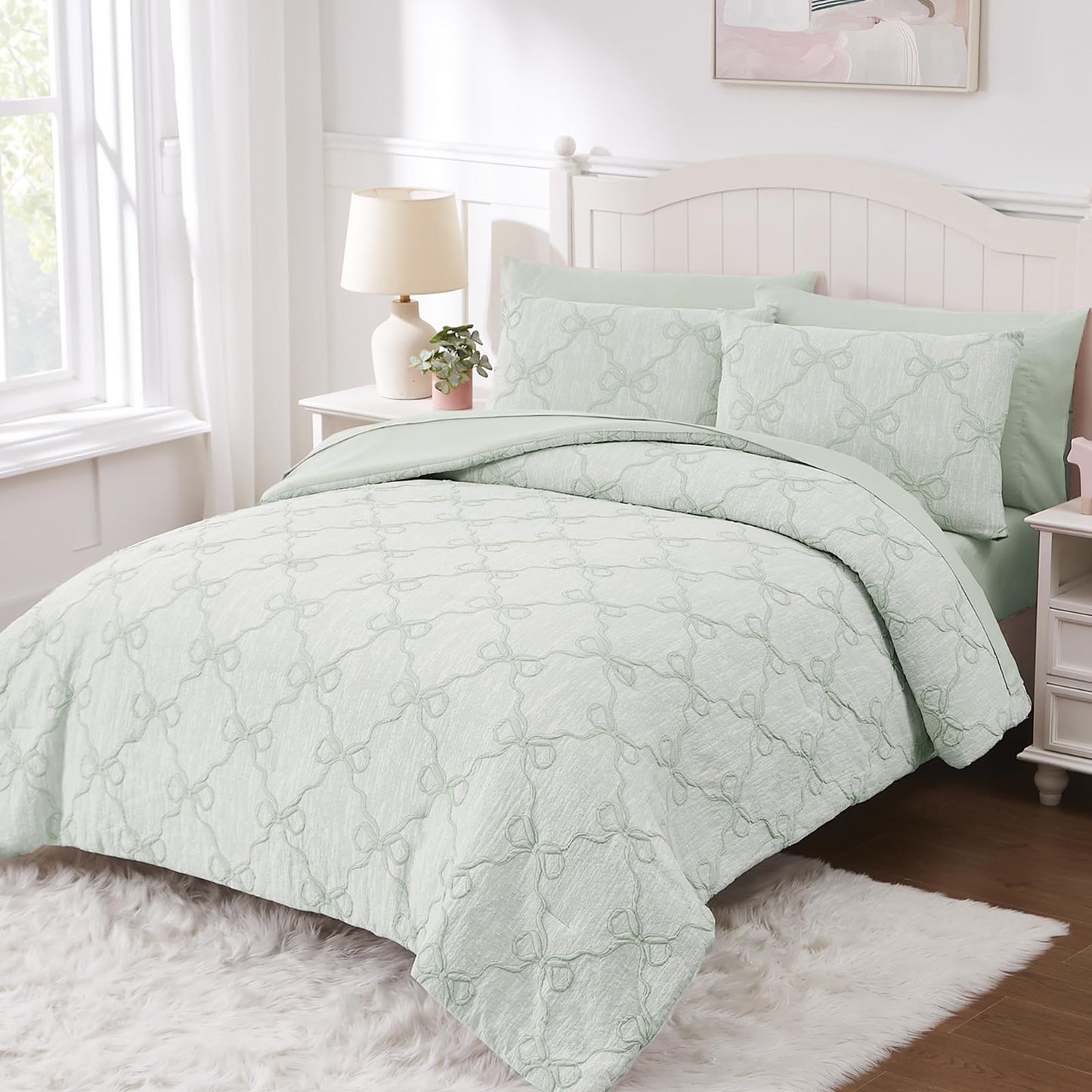 Wink Deer Twin Comforter Set with Sheets for Girls-5 Pieces Twin Bedding Sets with Light Green Comforter, Sheets, Pillowcase & Sham for Kids (Green Diamond, 66" X 86")