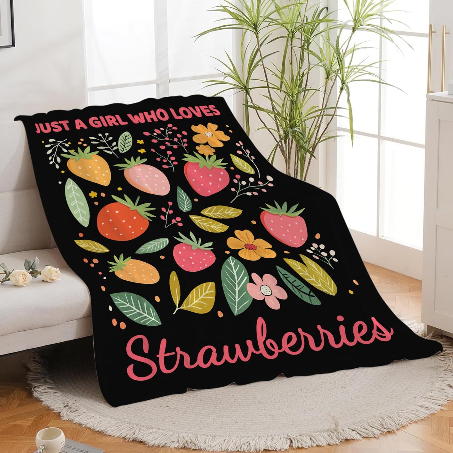 Lovira Just A Girl Who Loves Strawberries Throw Blanket Cute Strawberry Fruits Print Throw Blankets Gifts for Couch Sofa Bed Stuff Decor Soft Cozy Fleece Plush Warm Flannel Bedding for Lover 40"x50"