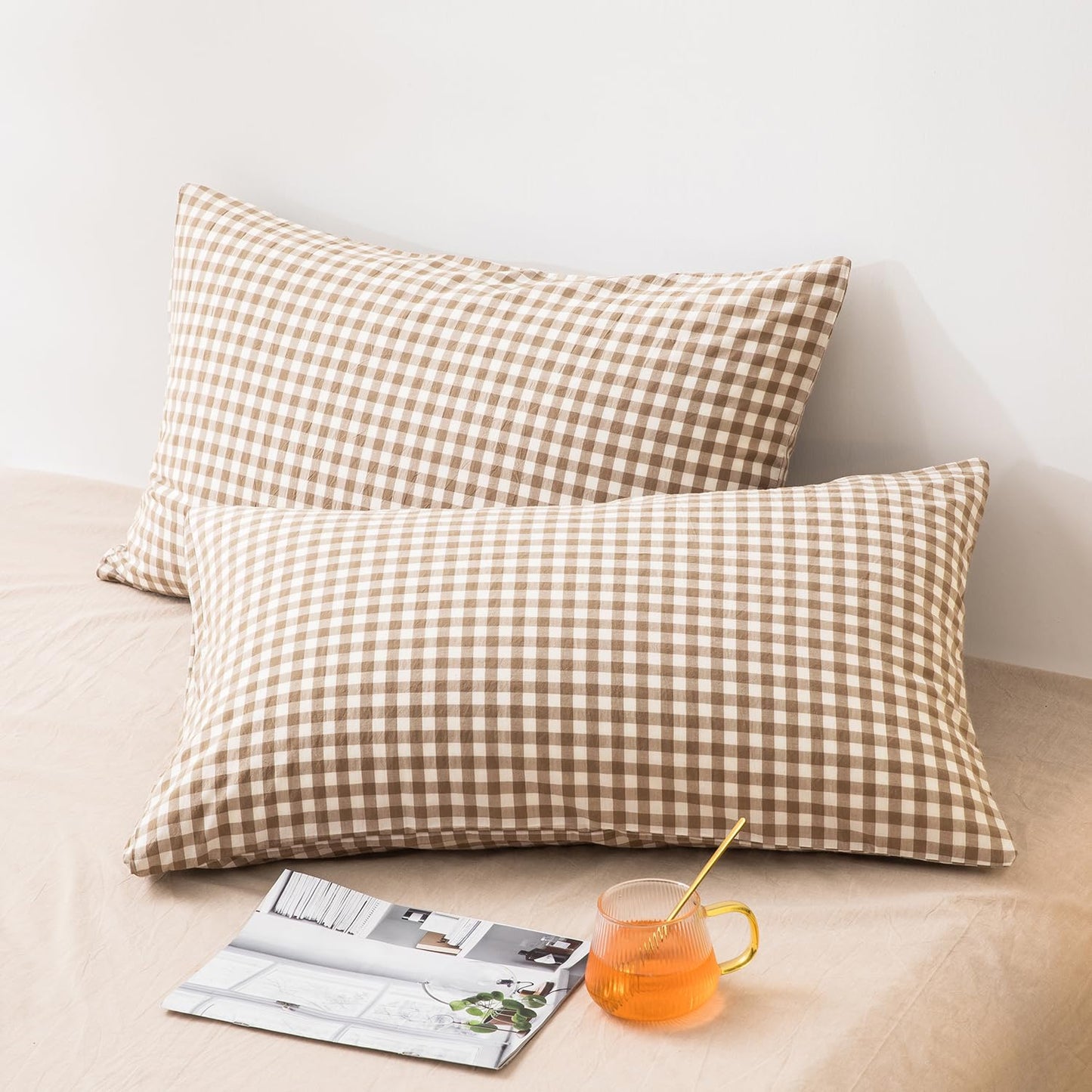 mixinni Beige Plaid Washed Cotton Pillowcases Set of 2 - King Size 20"x36" Farmhouse Pillow Shams with Envelope Closure, Ultra-Soft