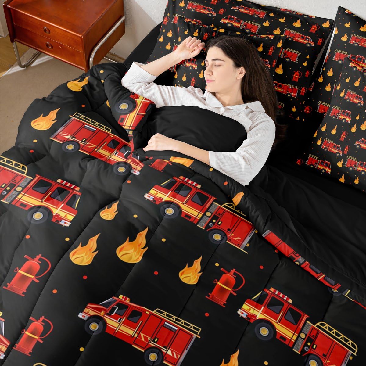 Erosebridal Fire Truck 7-Piece Bedding Set Twin for Boys, Cartoon Red Firemen Car Comforter Set with Sheets for Firefighter Room Decor, Black and Red Bed in A Bag, Fire Engine Bed Sets