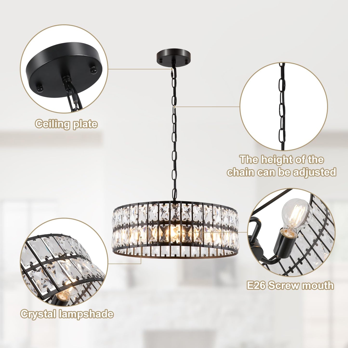 ZorpOrigin Black Crystal Chandelier, 16 Inch 3-Light Dining Room Fixture