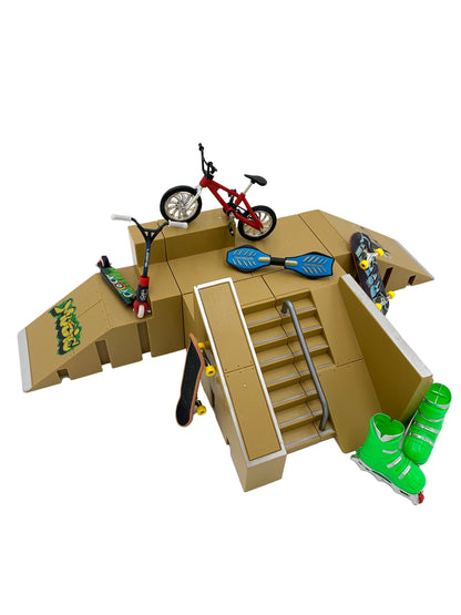 STASHABLES Finger Skateboard Ramp Set – Finger Skatepark Kit 16 Pieces – Skate Park Kit Including mini Skateboards, Ramps, Scooters, Skates, Bikes and Caster Boards – Fingerboard Skate Set