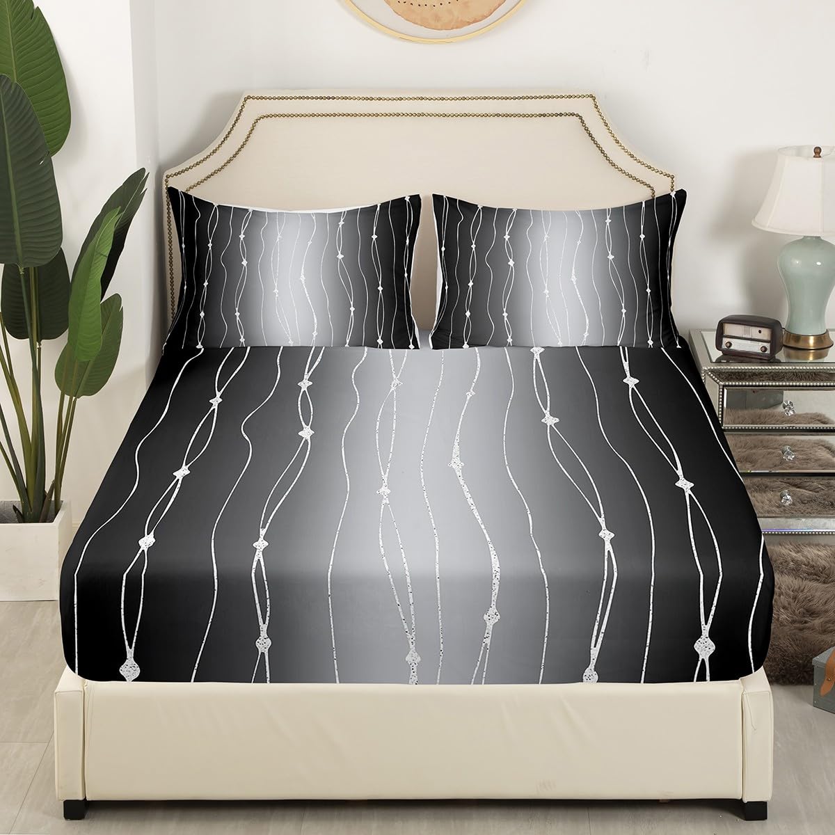 Erosebridal Black and Grey Bed Sheets Set Gradient Ombre Queen Size Sheet Sets, Wave Lines Dots Sheets Aesthetic Bed Set Modern Abstract Flat Sheet Bedroom Decoratives 4-Piece