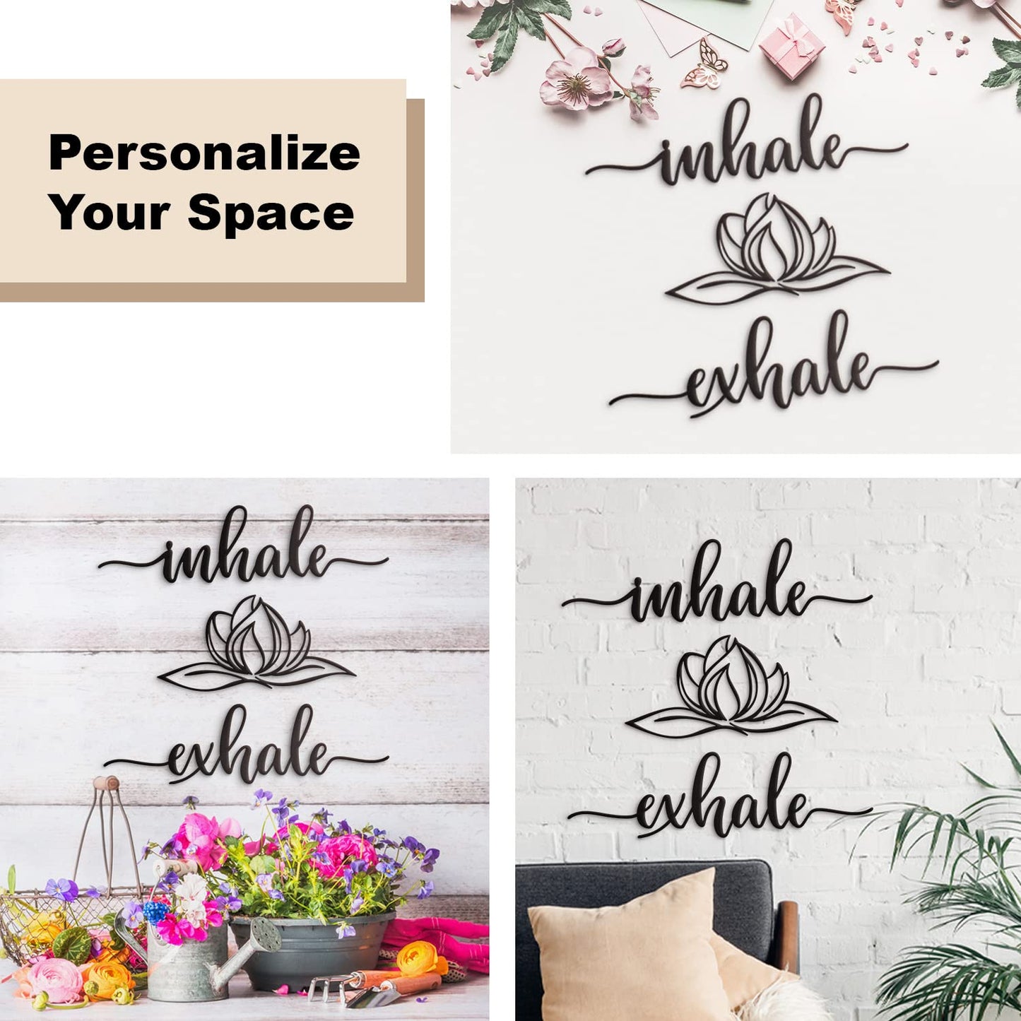 Vivegate Home Inhale Exhale Wall Art Lotus Flower Metal Zen Wall Decor - 18"X18" Black Modern Clearance Inhale Exhale Lotus Flower Metal Wall Signs For Hanging Room Shelf Décor