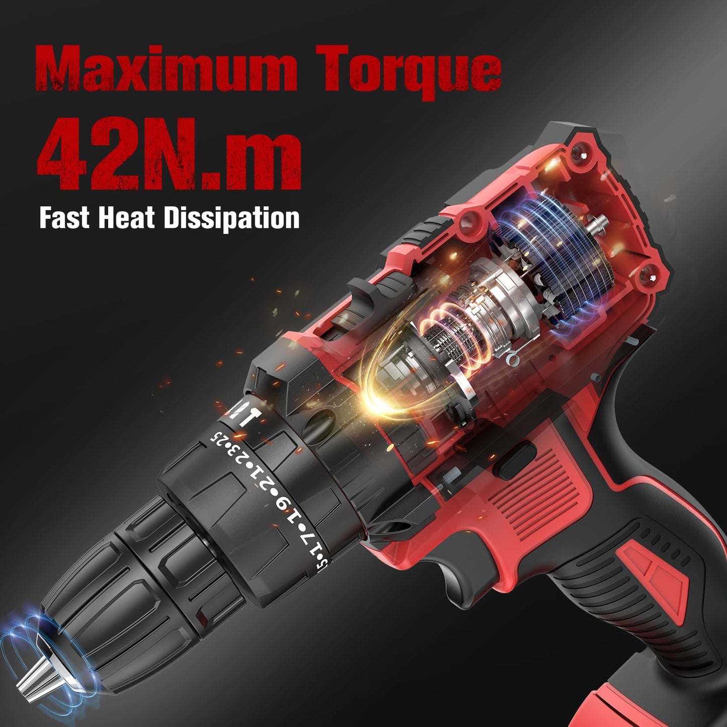 Cordless Drill Driver 21V, Cordless Hammer Drill with Battery 2000mAh, 25+3 Torque, 42N.m Max, 22PCS Accessories, 2 Speed, LED Light