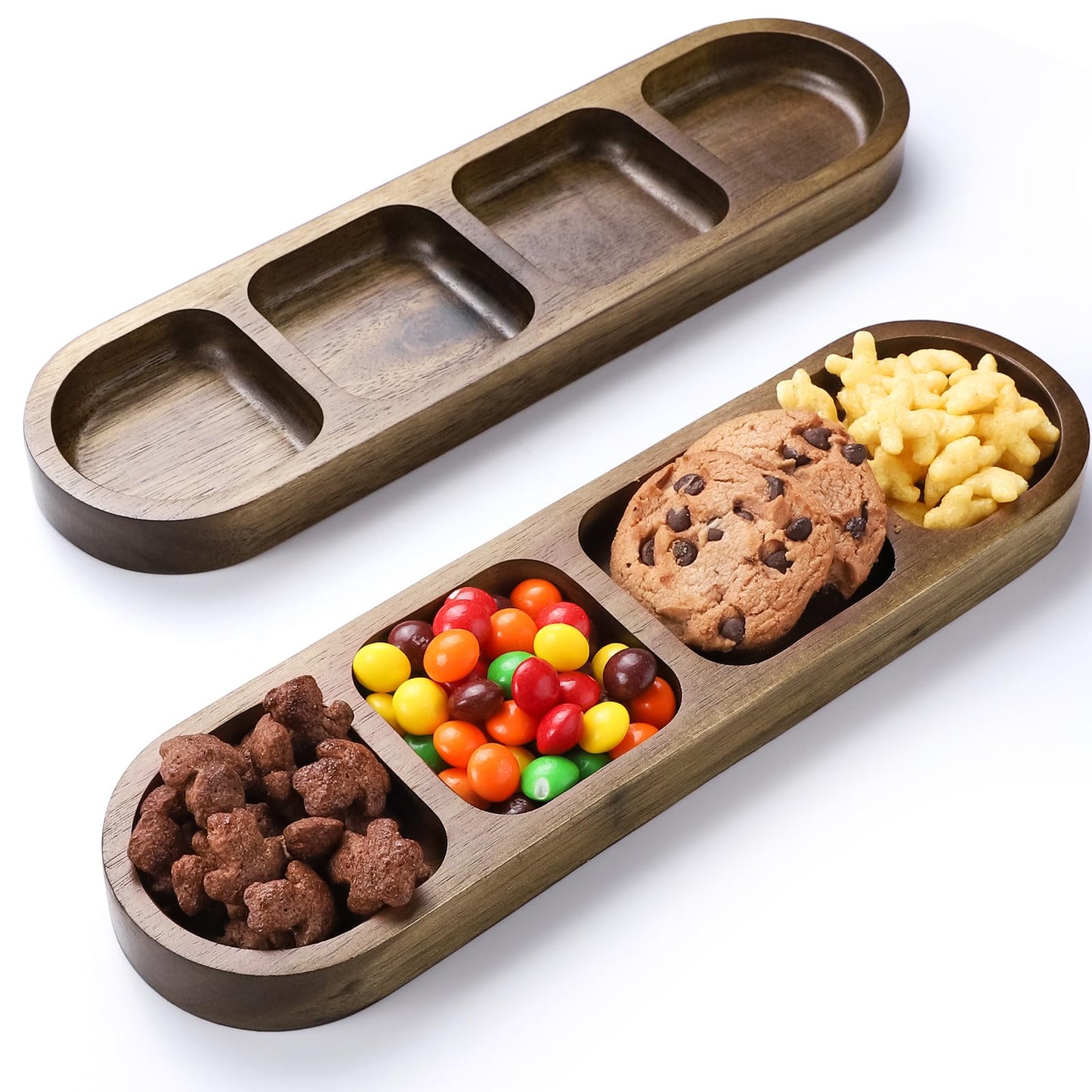 SmileBear 2 Pcs Soy Sauce Dish, Wooden Divided Dip Bowls, Korean 4-Compartment Sauce Plates for Home Restaurant BBQ, Vinegar, Spices, Ketchup, Salt, Sugar, and Flavors