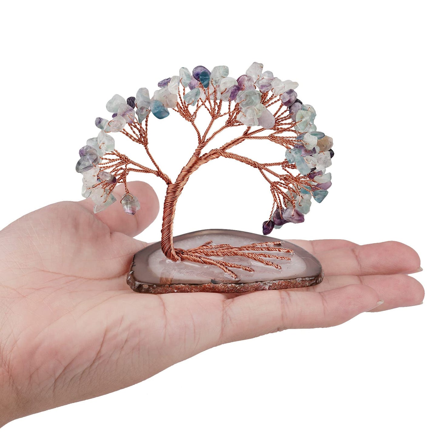 mookaitedecor Natural Fluorite Crystal Money Tree Agate Slice Base Feng Shui Bonsai Crystal Tree for Wealth Luck Desk Decor, 3-4 Inch High