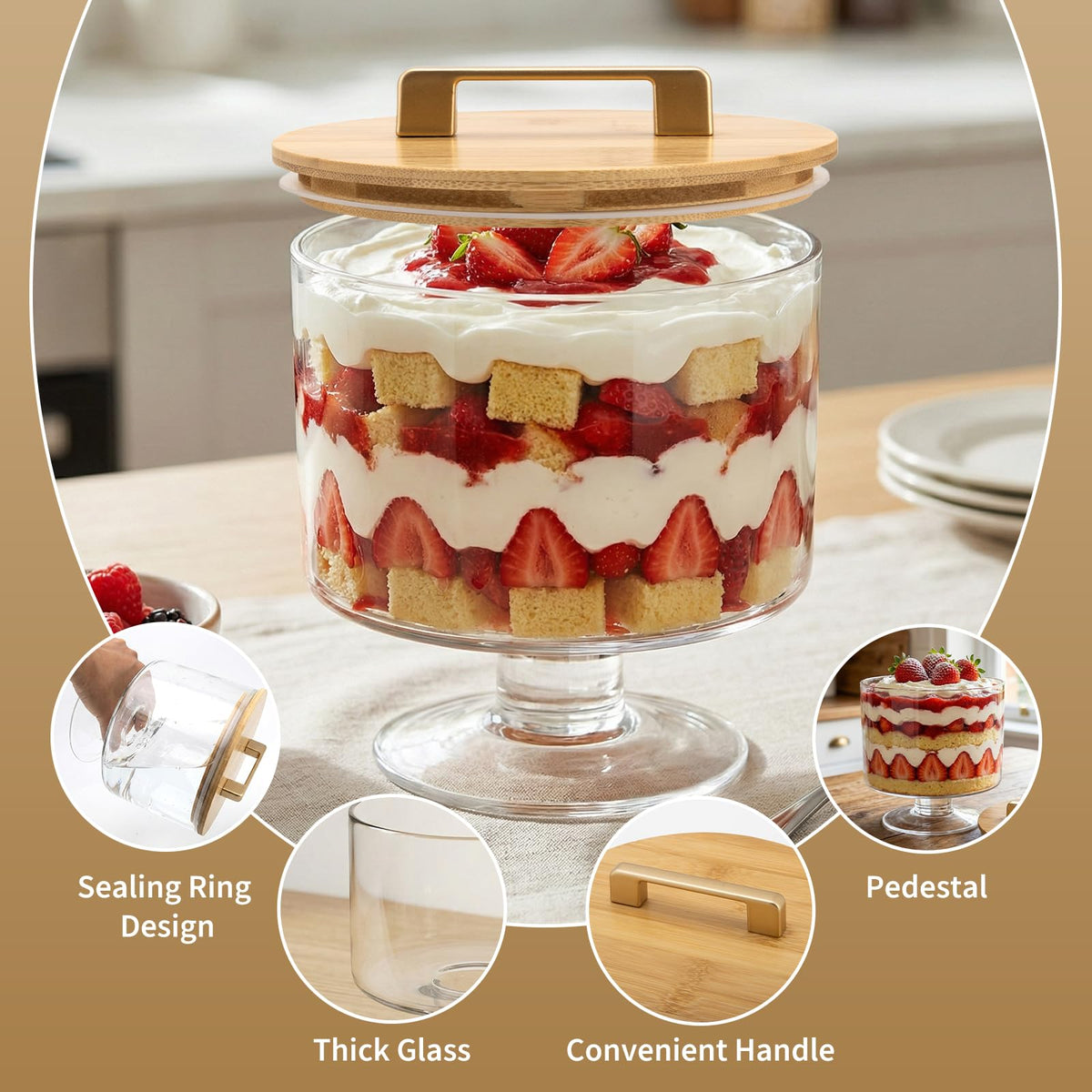 Piszvbej Trifle Bowl with Pedestal and Lid, Crystal Clear Glass, Wood Lid with Convenient Handle and Sealing Ring, for Laying Layered Dessert, Ice Cream and Cake, Ideal for Party Displays