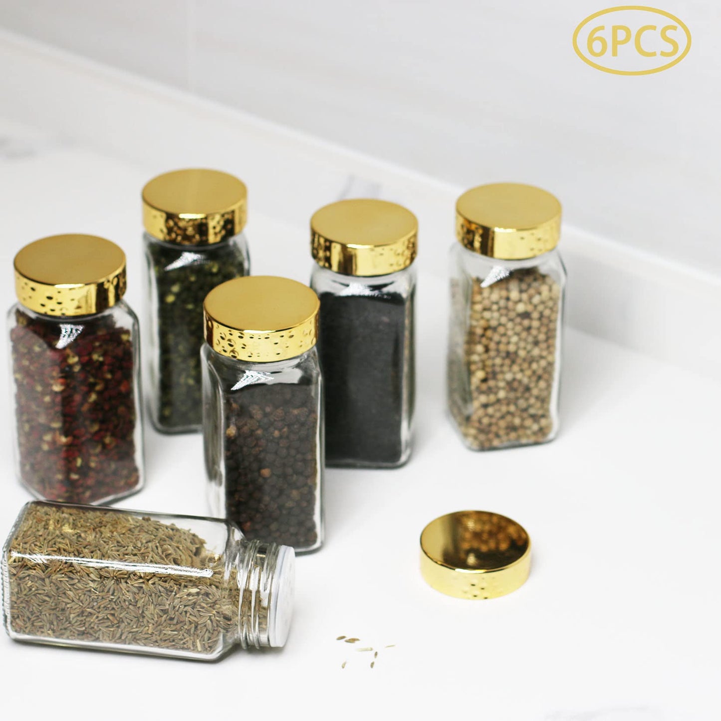 Tianifa 6pcs Gold Spice Jars, 4 oz Glass Seasoning Bottles, Spices Container, Empty Spice Jars, Square Spice Bottles with Airtight Plastic Caps with Shaker Lids