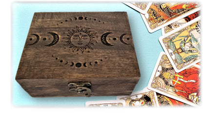 Engraved Wooden Tarot Box for Cards Crystal Holder | Sun and Moon Fortune Telling Astrology Trinket Keepsake Box. Fengshui Luck Talisman Decorative Gift Case/Holder