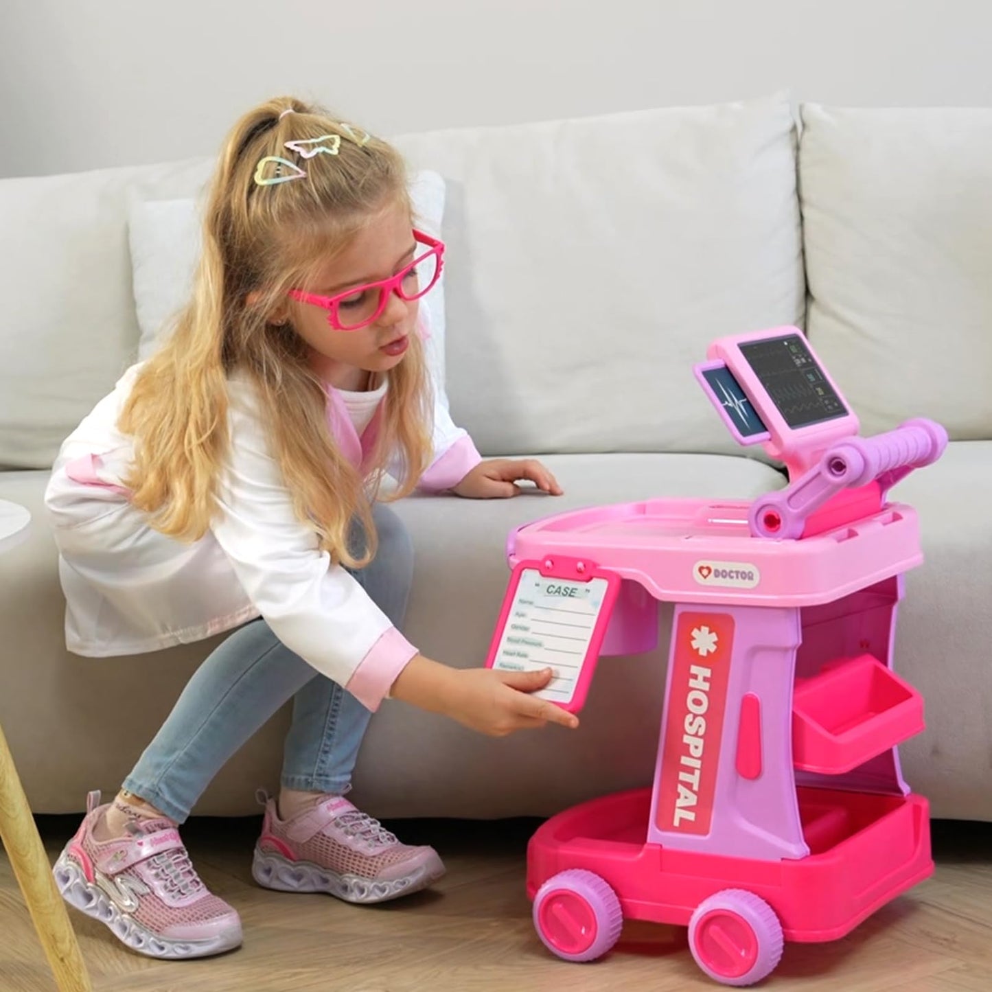 Phobby Doctor Kit for Toddlers Aged 3 4 5, Medical Pretend Play Set for Kids with Bag and Costume, Doctor Cart Toy for Girls Boys Birthday Gift (Pink)