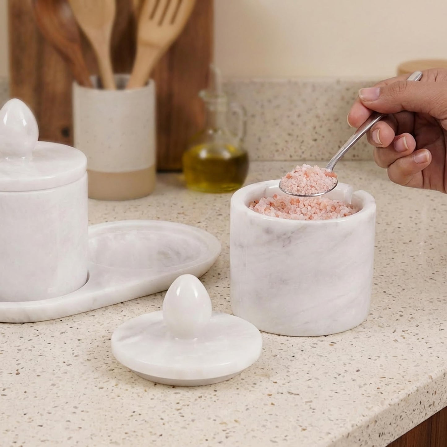 Marble Salt Cellar with Lid and tray 4 Inch White Handmade Salt Container, Set of 2 Seasoning Jars, Spice Storage Containers for Kitchen Countertop, Sugar Bowl
