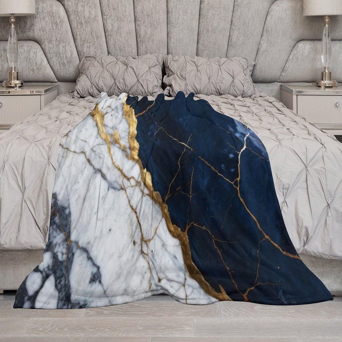 Marble Throw Blanket for Bed Sofa, 40"x50" Super Soft Warm Cozy Fluffy Plush Blanket, Modern Abstract Foil Texture White Navy Blue Gold Marble Flannel Couch Blanket for Travel Camping