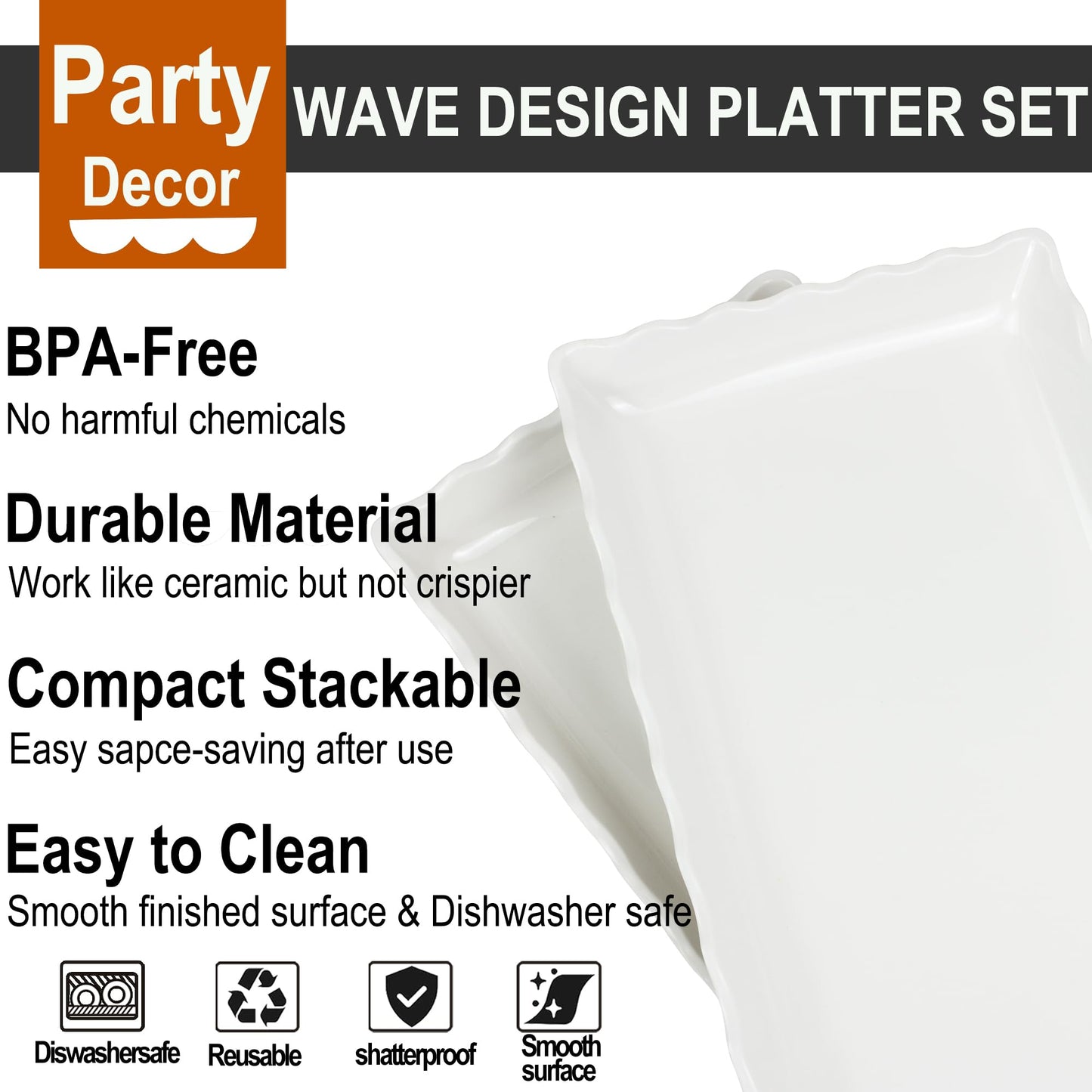 KAQAHIDO 17" x 8" x 1.5" White Serving Tray Set, Wave Edge Melamine Platters for Cookie, Appetizer, Charcuterie, Snack, Dessert, Party Food Display, Stackable, Set of 2