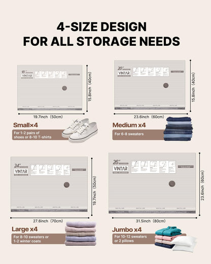 Travel Vacuum Seal Bags for Clothing with Rechargeable Cordless Pump, VINTAR 16 Pack (4J+4L+4M+4S) Carry-on Size Space Saver Vacuum Storage Bags, Compression Packing Bags for Luggage and Suitcase