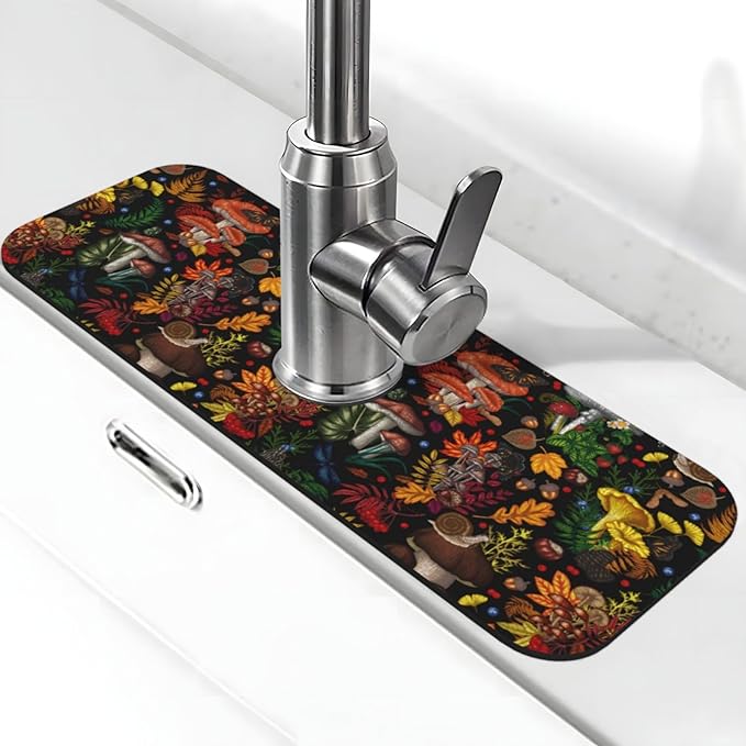 Mushroom Forest Butterfly Kitchen Sink Splash Guard Faucet Mat 1 Pcs, Absorbent