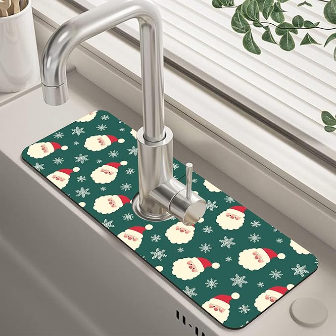 Christmas Kitchen Sink Splash Guard Mat Santa Claus and Snowflakes Sink Splash