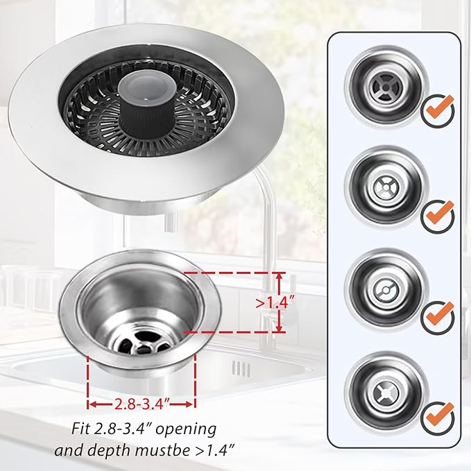 Kitchen Sink Drain Strainer, 3 in 1 Pop Up Kitchen Sink Stopper,