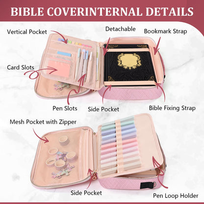 Yozbcfv Bible Cover for Women,Large Bible Bag with Shoulder Strap, Bible Study Supplies Carrier Includes Highlighters Tabs,Journaling Kit Case Packed in Gift Box, Christian Gifts for Women(Pink