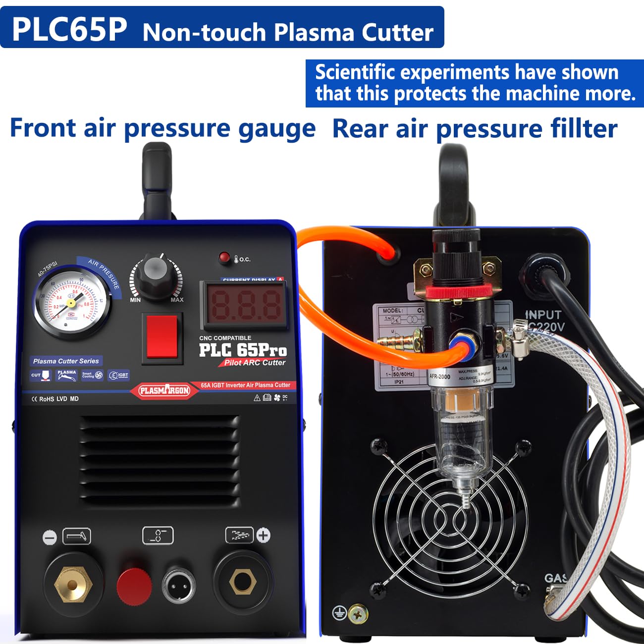PLASMARGON PLC65Pro Plasma Cutter Machine,65Amps 110V/220V Non-Touch Pilot Arc HF Air Power, Inverter IGBT 3/5'' Inch Clean Cut LED Digital Display Plasma Cutting Equipment