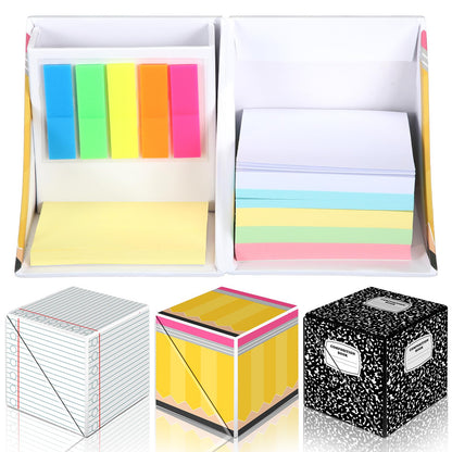 Eaasty 3 Set Teacher Appreciation Gifts Sticky Notes Organizer with Pen Holder 3-in-1 Memo Pad Set Portable Desk Organizer with Pencil Notebook Composition Book Pattern for End of Year Office